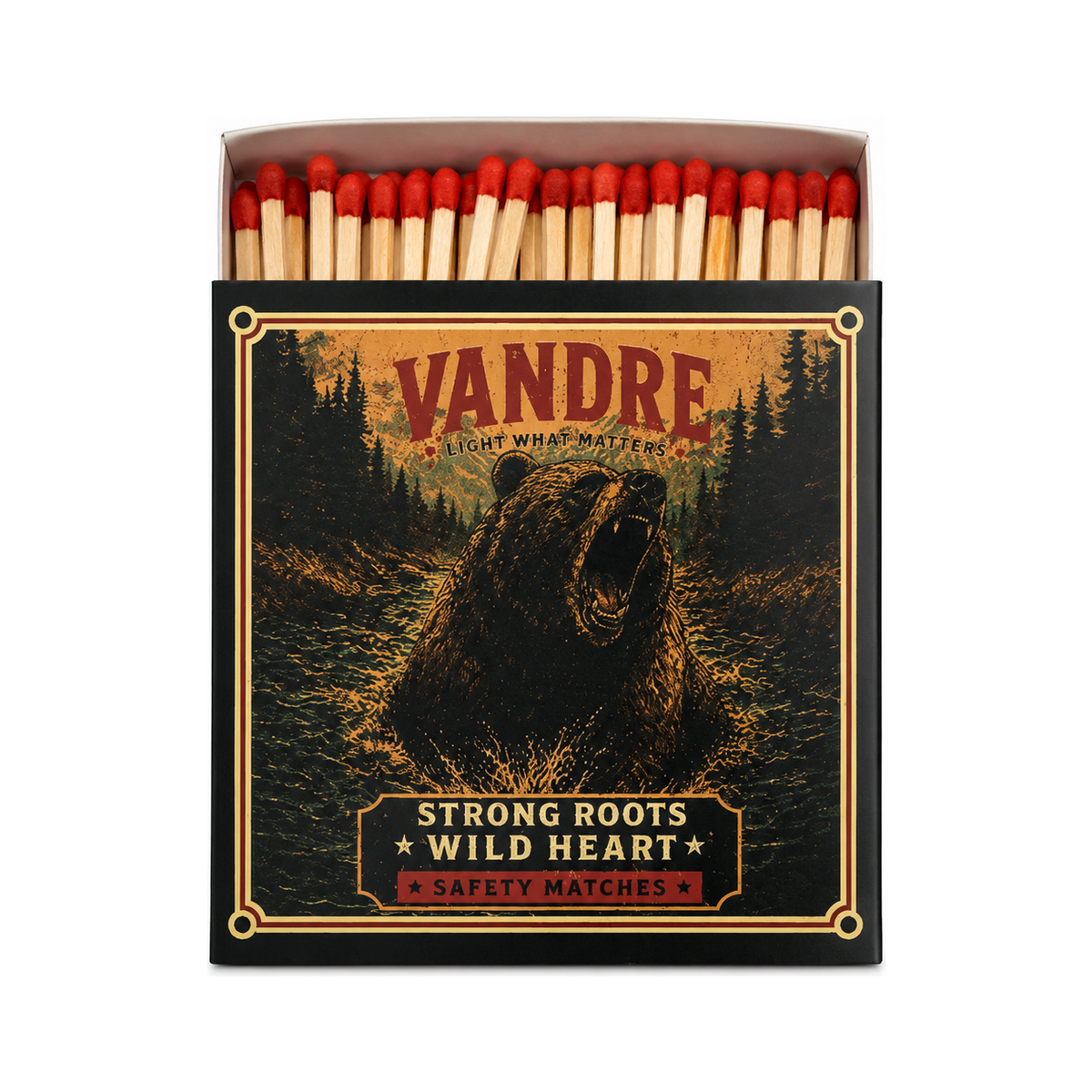 VANDRE Bear River safety matches, open matchbox front view