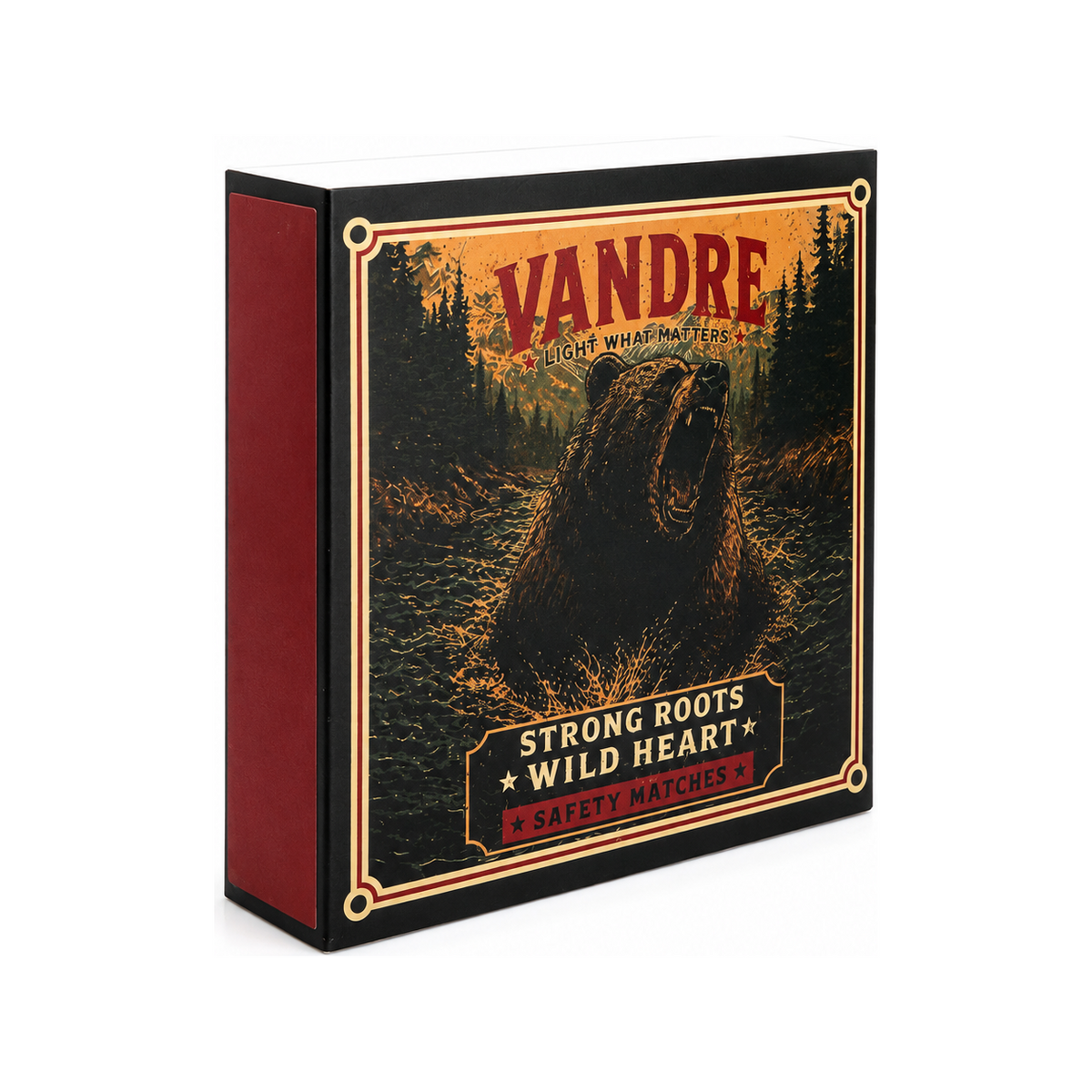 VANDRE Bear River safety matches, angled matchbox view
