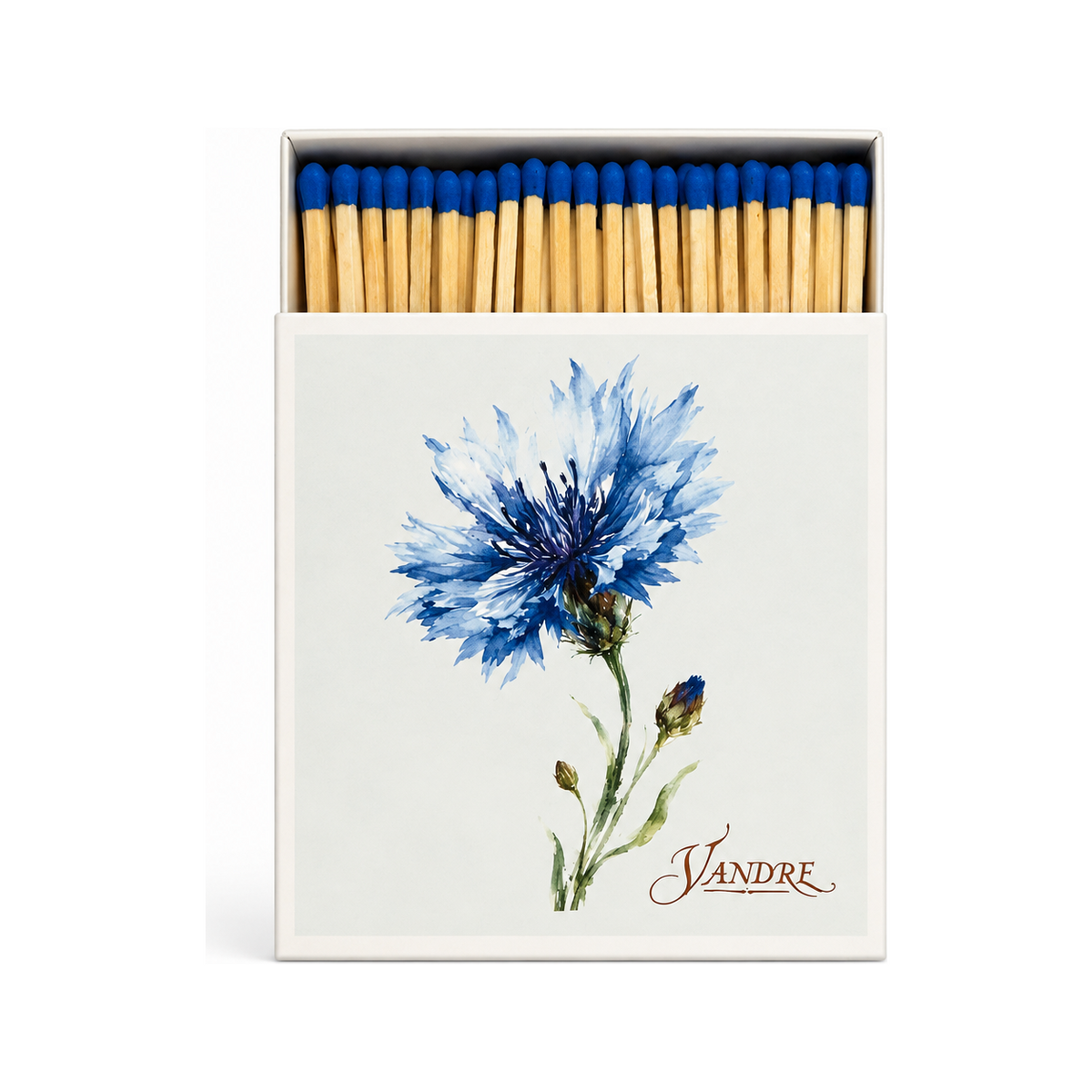 VANDRE Blue Cornflower safety matches, open matchbox front view
