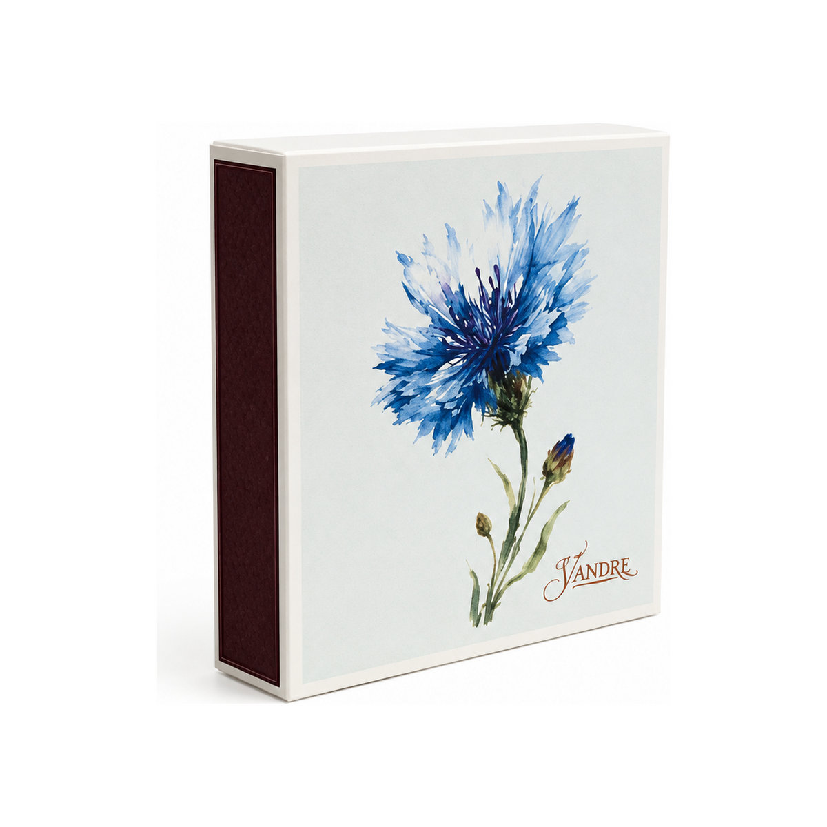 VANDRE Blue Cornflower safety matches, angled matchbox view