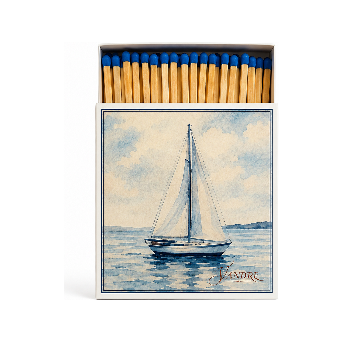 VANDRE Blue Harbor safety matches, open matchbox front view