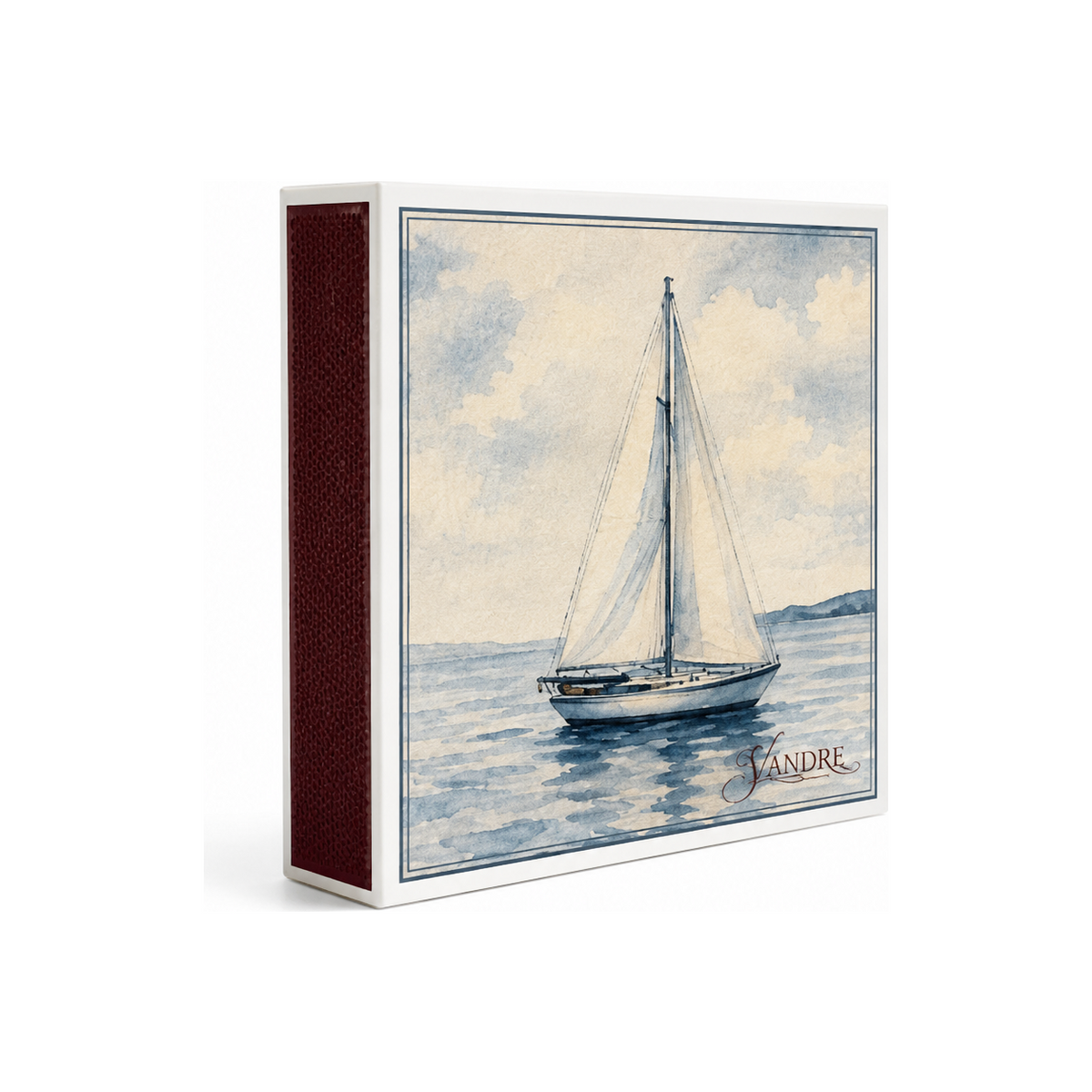 VANDRE Blue Harbor safety matches, angled matchbox view