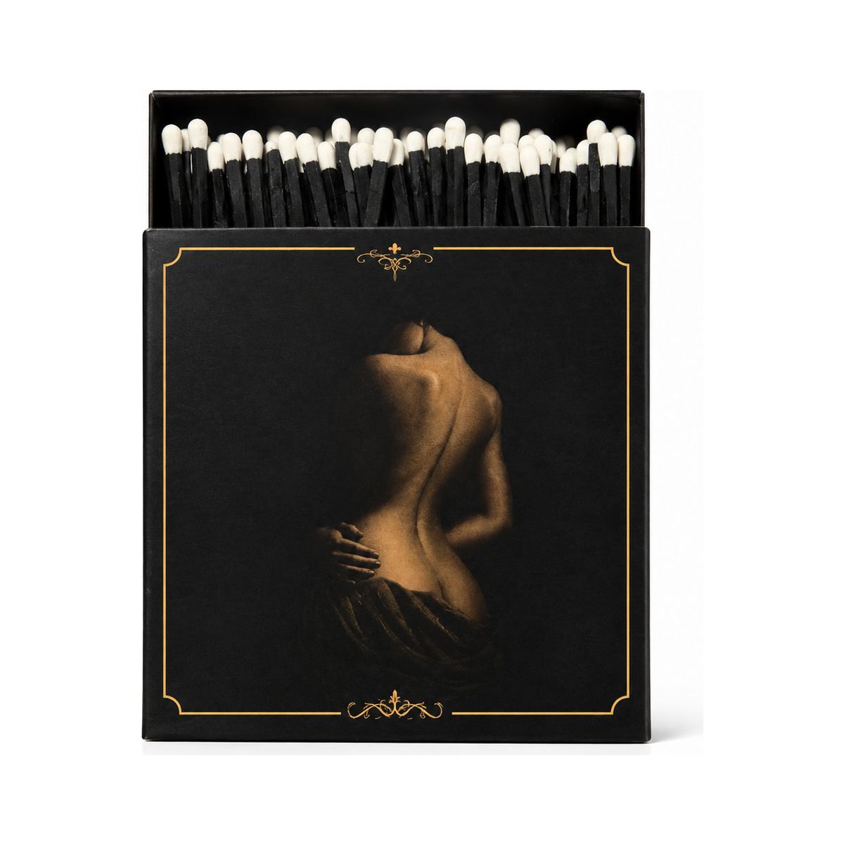 VANDRE Noir Muse safety matches, open matchbox front view