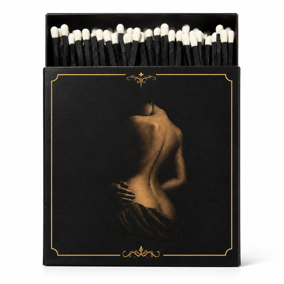 VANDRE Noir Muse safety matchbox with an artistic figure and white-tipped black matches