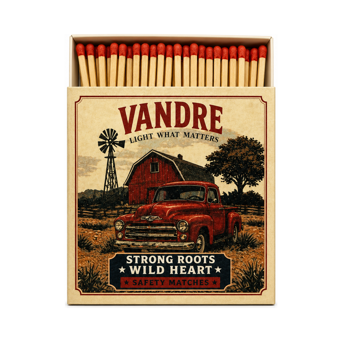 VANDRE Red Car safety matches, open matchbox front view