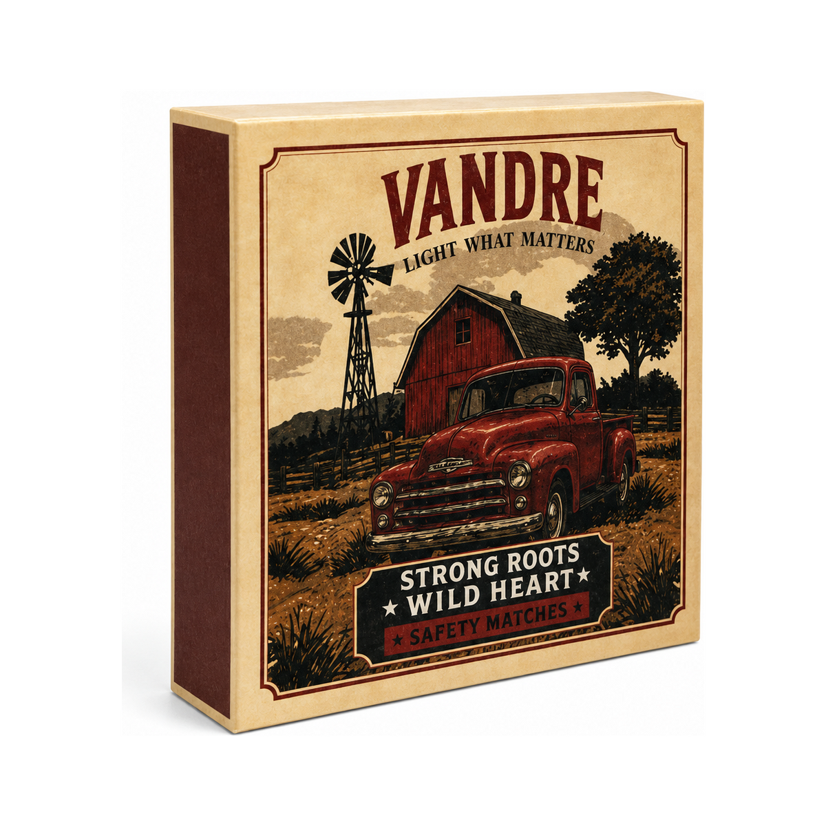 VANDRE Red Car safety matches, angled matchbox view