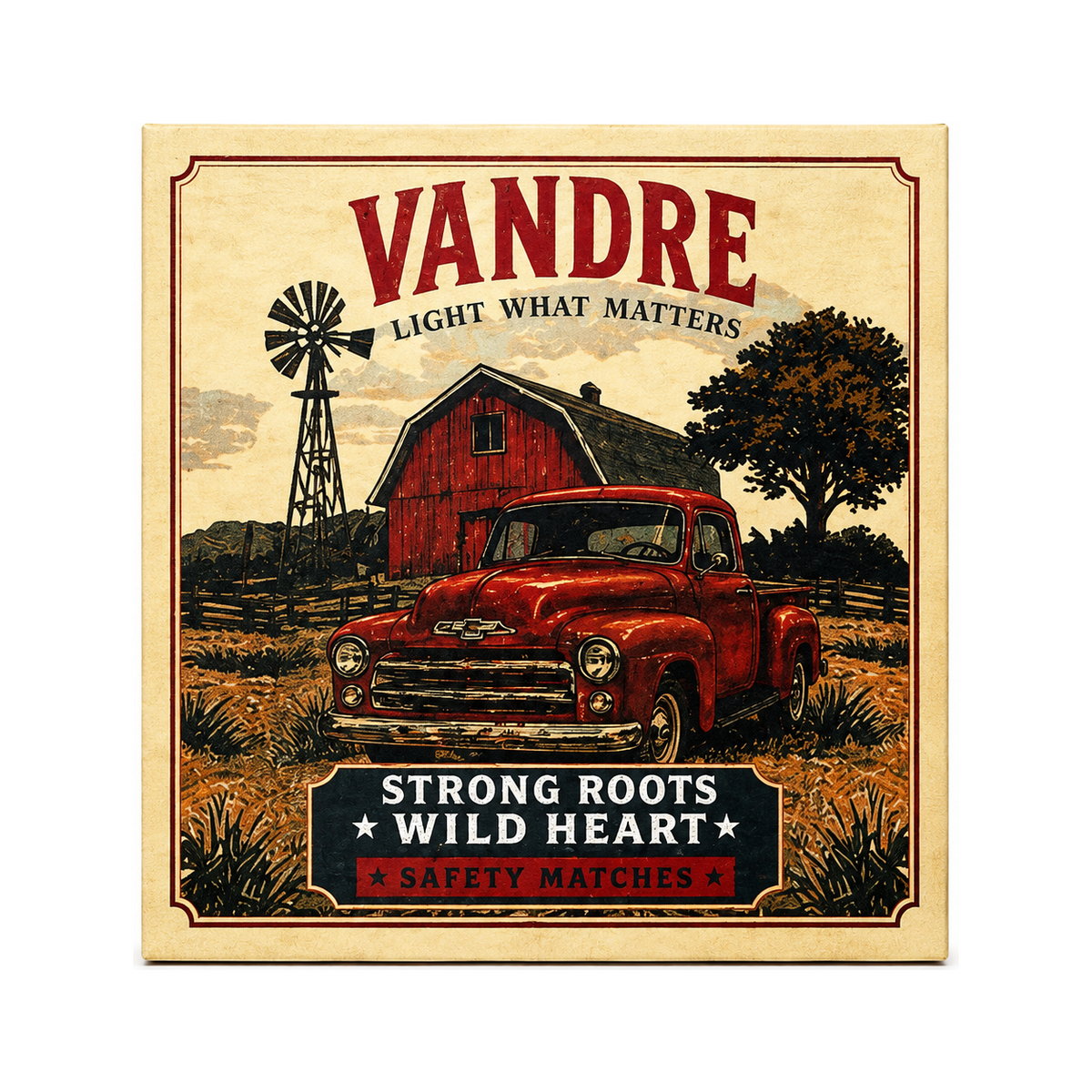 VANDRE Red Car safety matches, matchbox front view