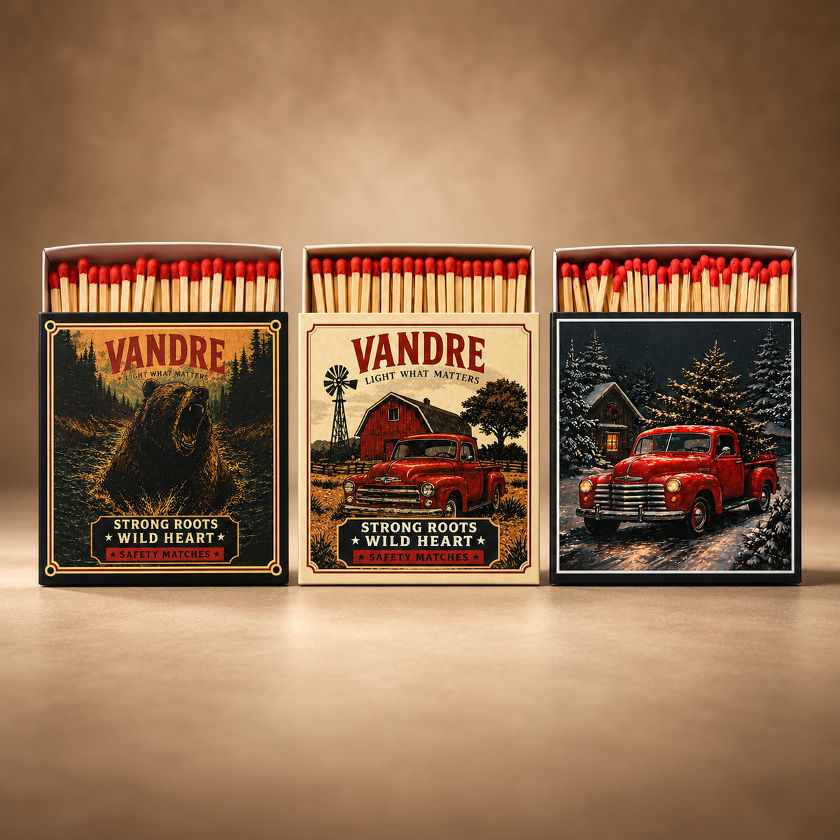 VANDRE Wild America Decorative Safety Match Set – 3 Pack