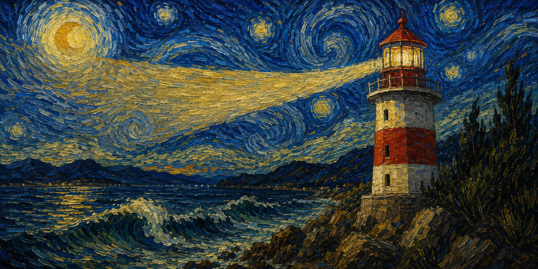 Painted lighthouse at night
