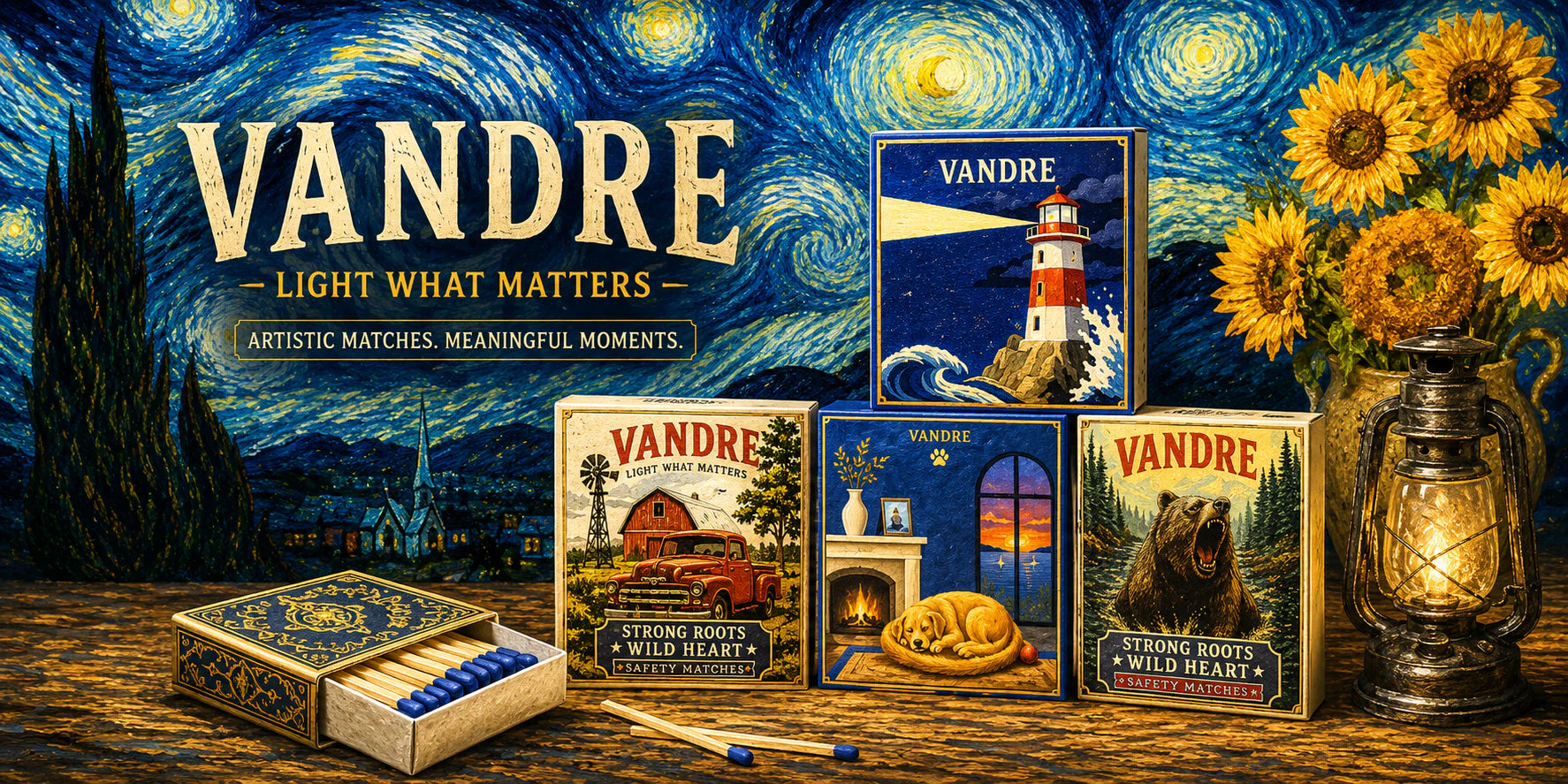 Painted VANDRE match collection at night